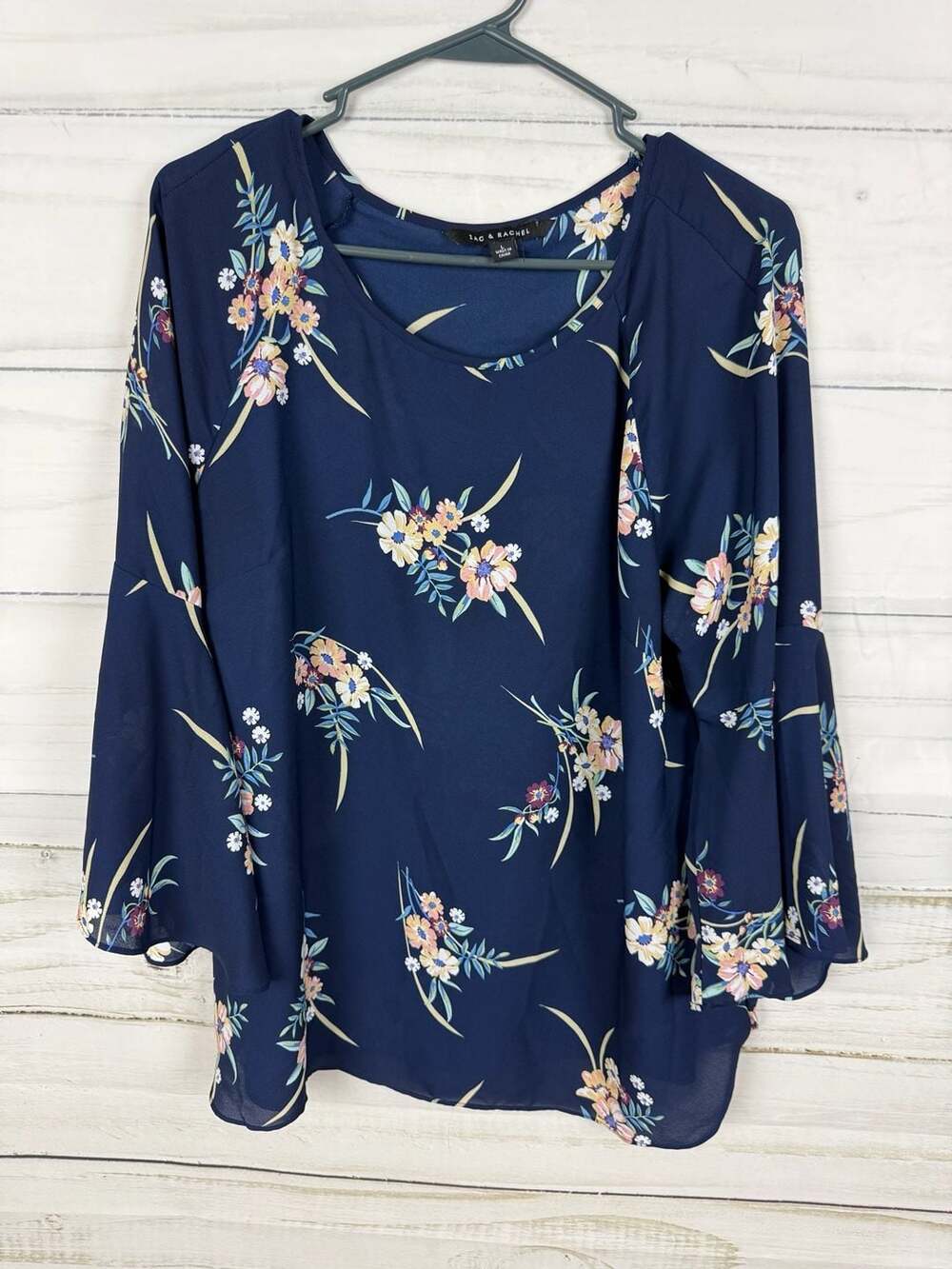 Zac & Rachel Navy Floral Bell Sleeve Blouse Size L